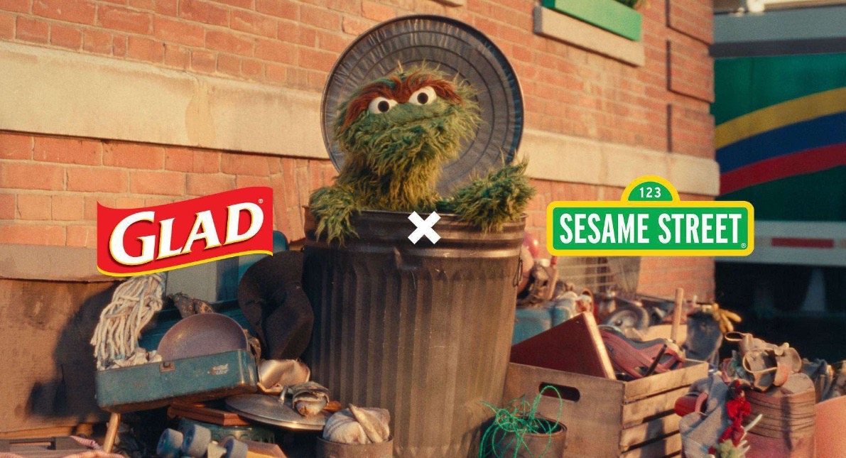 Oscar the Grouch in his bin, from the Glad x Sesame Street campaign